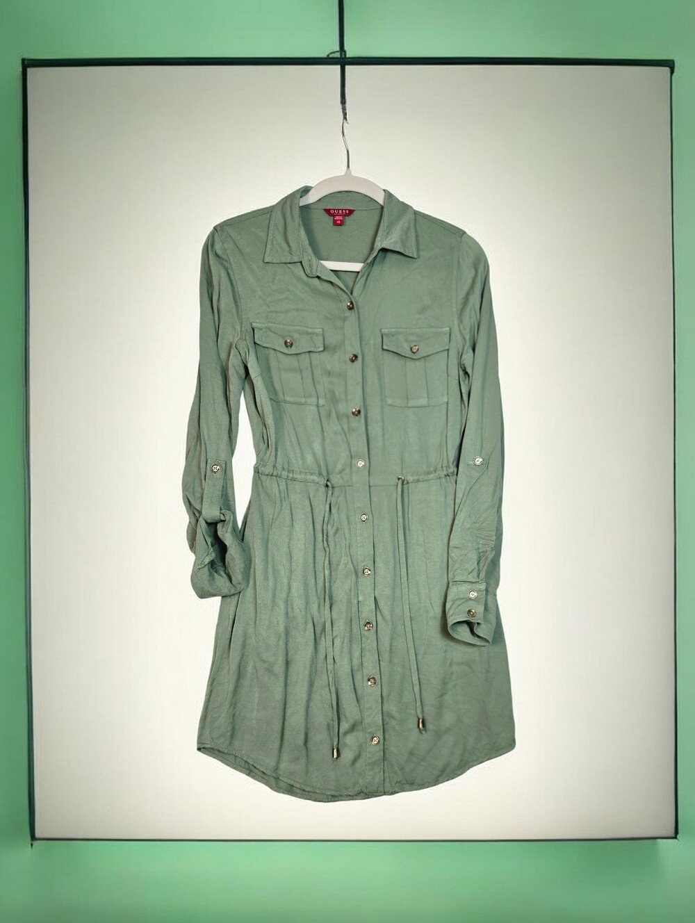 GUESS Button-Front Utility Shirt Dress in Sage Green